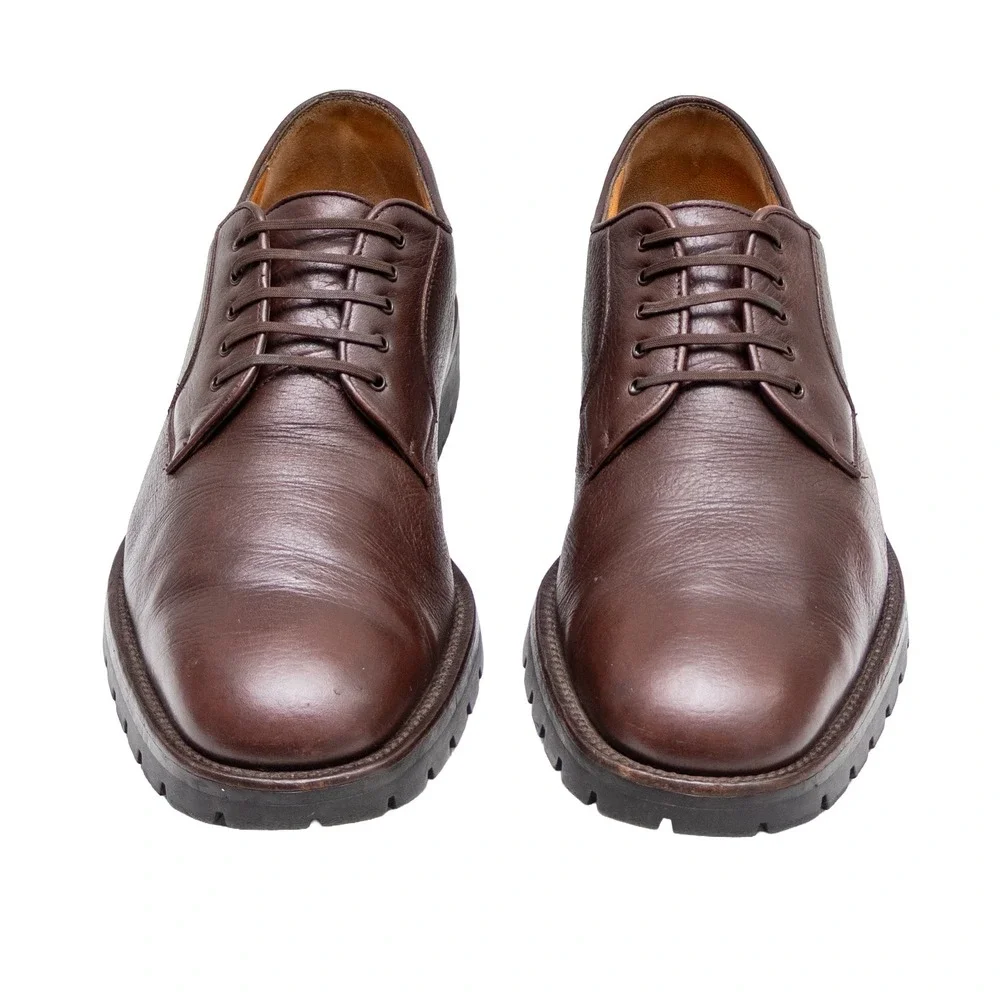 Salvatore Ferragamo Mens Brown Pebbled Leather Lug Sole Derby Shoes 10 D Italy